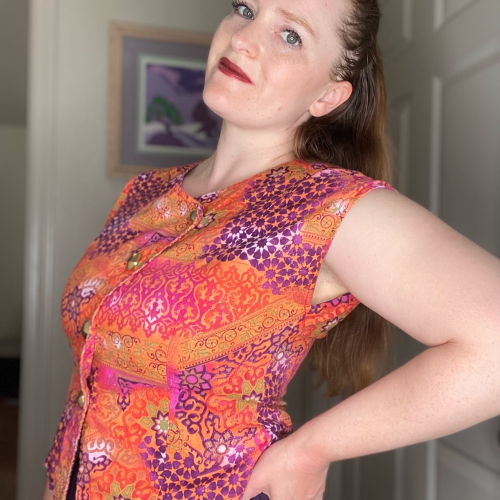 Pre-Loved Vintage Handmade Vibrant Orange and Purple Women's Blouse